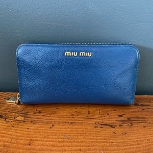 Miu Miu Blue Leather Zip Around Wallet